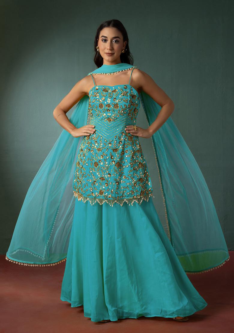 Marine Blue Palazzo Set With Floral Hand Embroidered Short Kurta And Dupatta