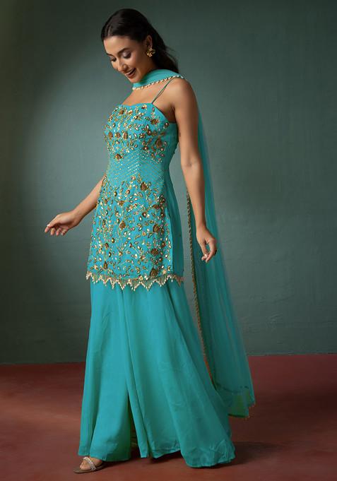 Marine Blue Palazzo Set With Floral Hand Embroidered Short Kurta And Dupatta