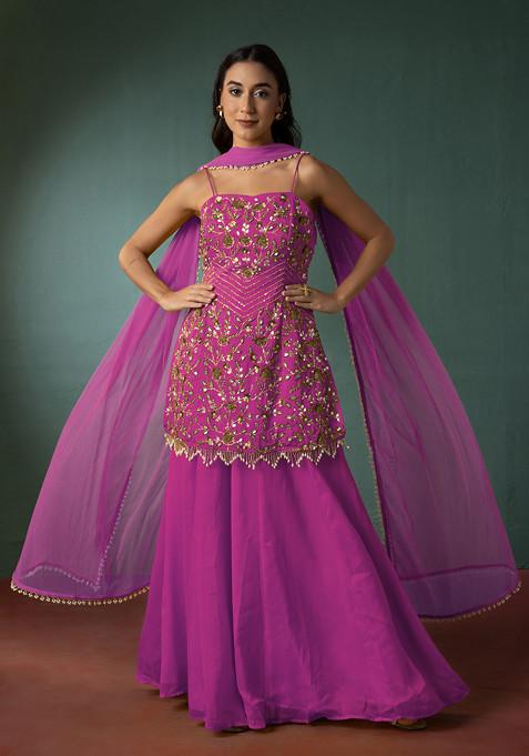 Bubblegum Pink Palazzo Set With Floral Hand Embroidered Short Kurta And Dupatta