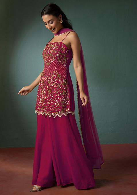 Mulberry Pink Palazzo Set With Floral Hand Embroidered Short Kurta And Dupatta