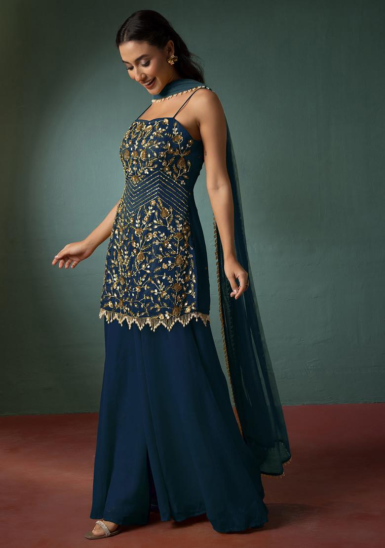 Teal Blue Palazzo Set With Floral Hand Embroidered Short Kurta And Dupatta