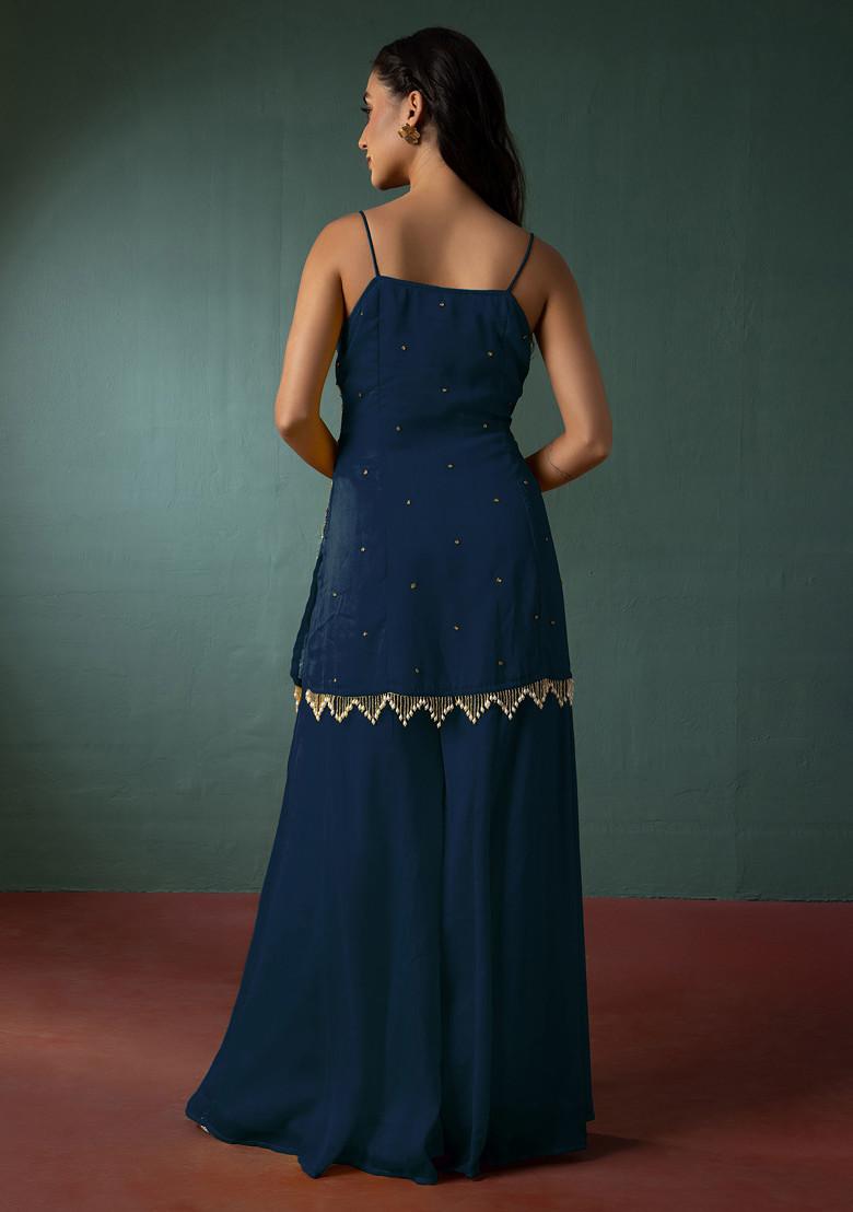 Teal Blue Palazzo Set With Floral Hand Embroidered Short Kurta And Dupatta