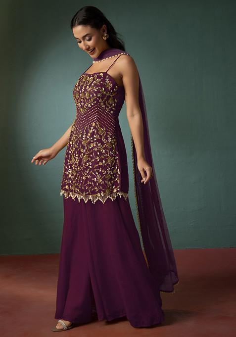 Sangria Purple Palazzo Set With Floral Hand Embroidered Short Kurta And Dupatta