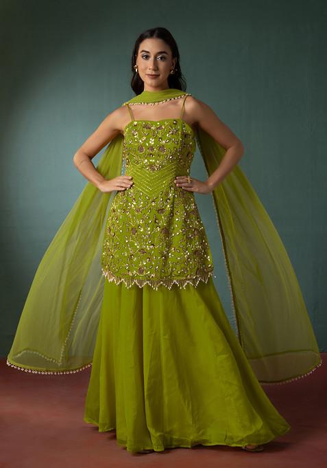 Pear Green Palazzo Set With Floral Hand Embroidered Short Kurta And Dupatta