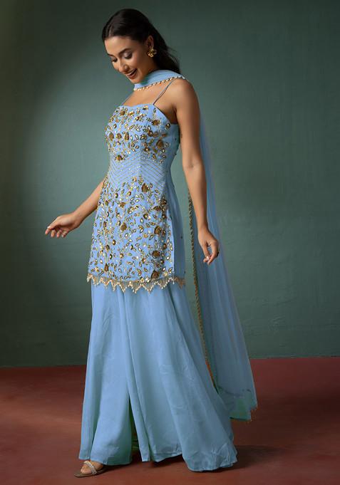 Light Blue Palazzo Set With Floral Hand Embroidered Short Kurta And Dupatta