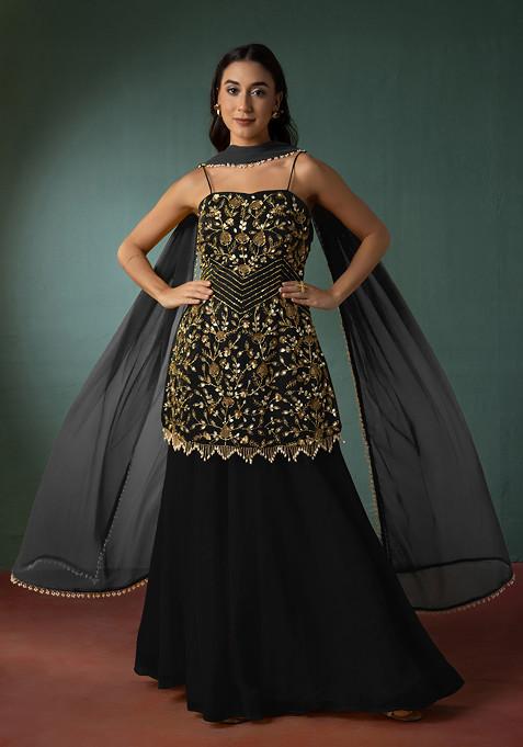 Black Palazzo Set With Floral Hand Embroidered Short Kurta And Dupatta