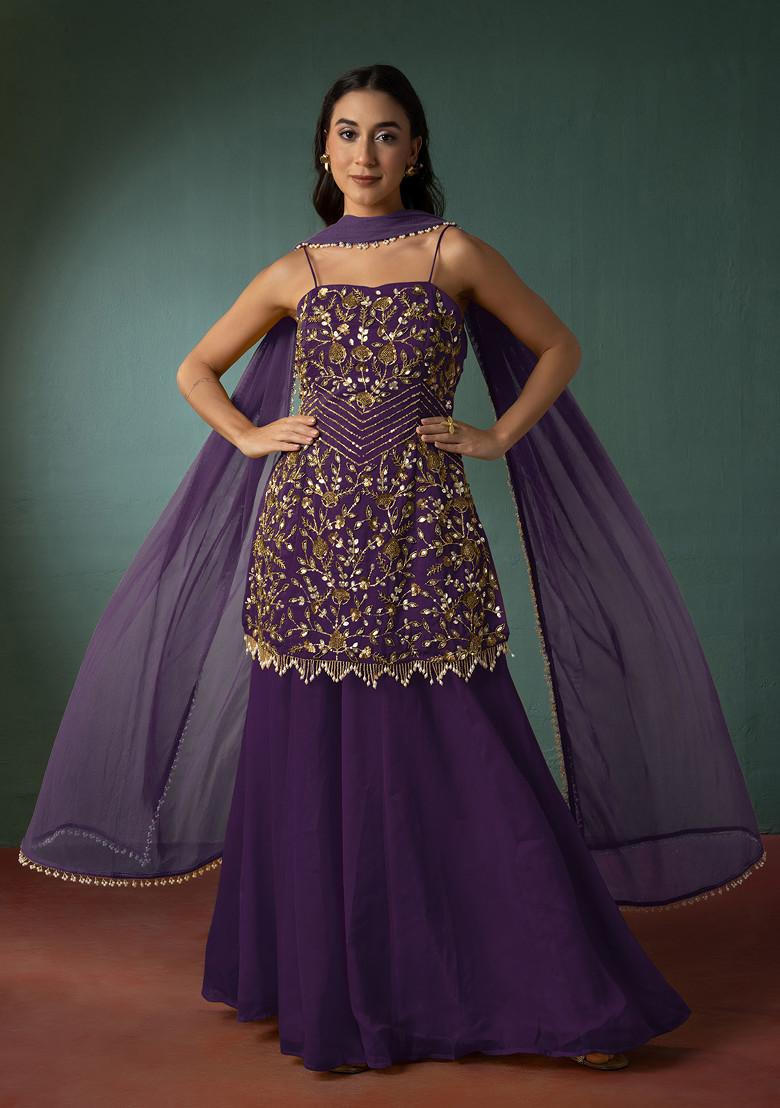 Bright Purple Palazzo Set With Floral Hand Embroidered Short Kurta And Dupatta