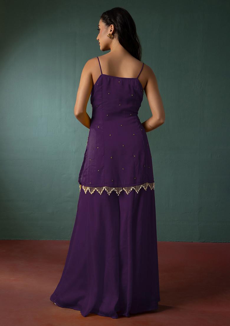 Bright Purple Palazzo Set With Floral Hand Embroidered Short Kurta And Dupatta