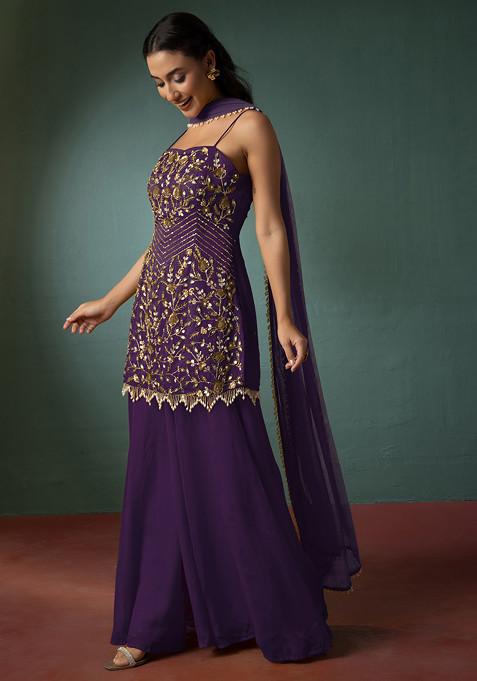 Bright Purple Palazzo Set With Floral Hand Embroidered Short Kurta And Dupatta