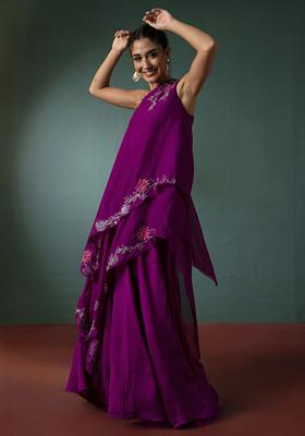 Purple Hand Embroidered Kurta Set With Palazzo