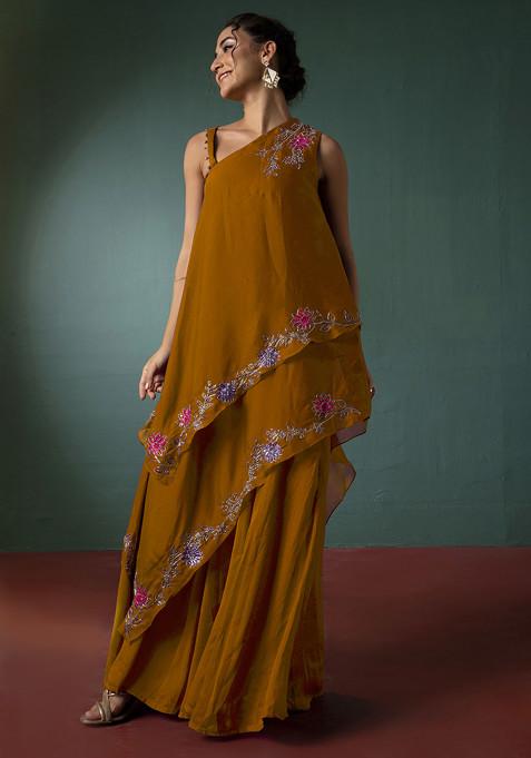 Ochre Hand Embroidered Kurta Set With Palazzo