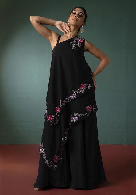 Black Hand Embroidered Kurta Set With Palazzo