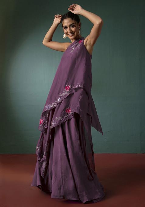 Mauve Hand Embroidered Kurta Set With Palazzo