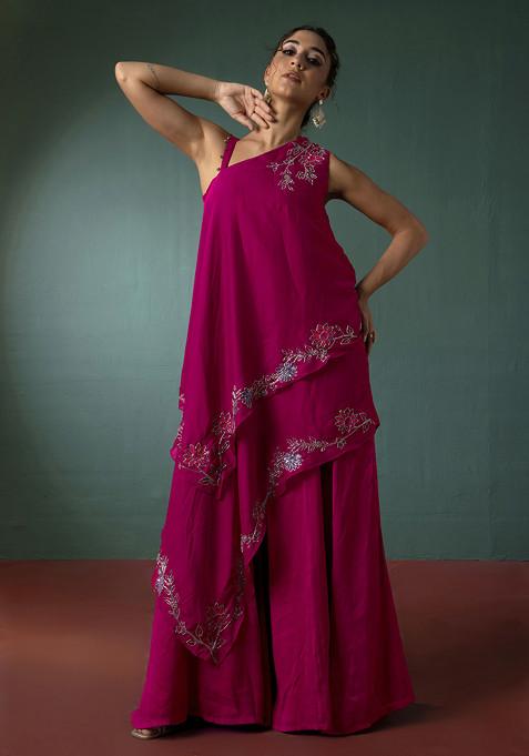 Dark Pink Hand Embroidered Kurta Set With Palazzo