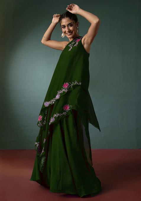 Dark Green Hand Embroidered Kurta Set With Palazzo