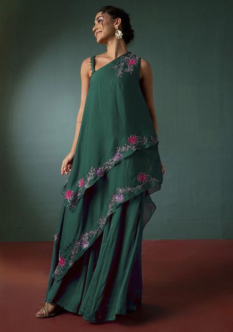 Sage Green Hand Embroidered Kurta Set With Palazzo