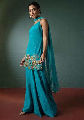Aqua Blue Palazzo Set With Floral Hand Embroidered Short Kurta And Dupatta