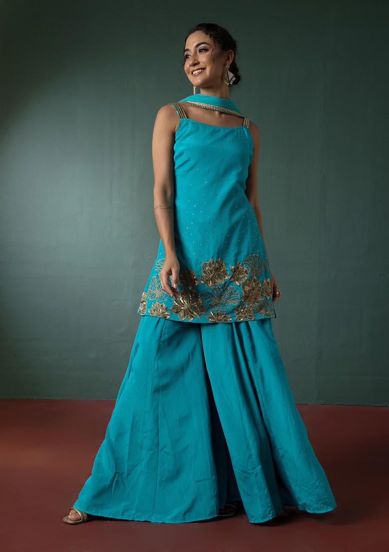 Aqua Blue Palazzo Set With Floral Hand Embroidered Short Kurta And Dupatta