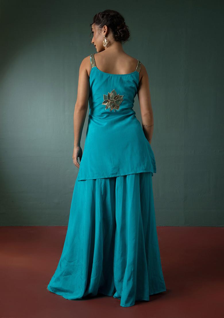 Aqua Blue Palazzo Set With Floral Hand Embroidered Short Kurta And Dupatta