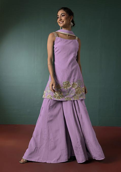 Lilac Palazzo Set With Floral Hand Embroidered Short Kurta And Dupatta