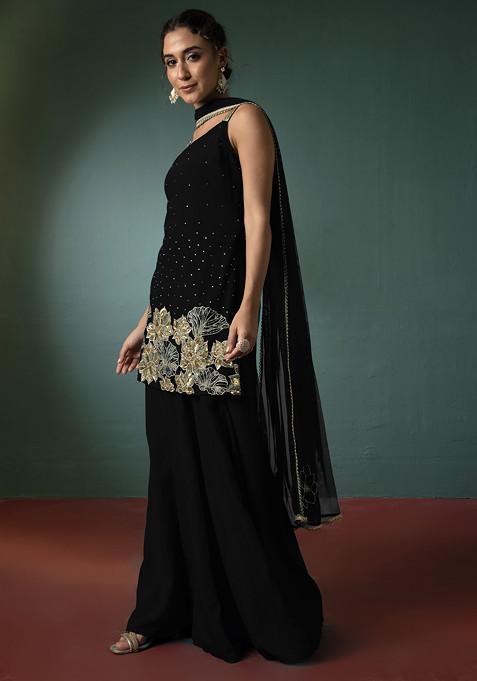 Black Palazzo Set With Floral Hand Embroidered Short Kurta And Dupatta