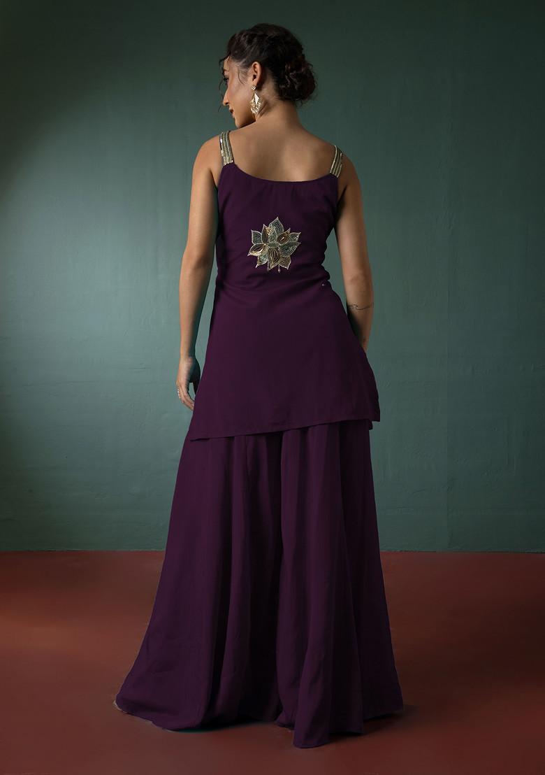 Dark Purple Palazzo Set With Floral Hand Embroidered Short Kurta And Dupatta