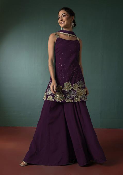 Dark Purple Palazzo Set With Floral Hand Embroidered Short Kurta And Dupatta