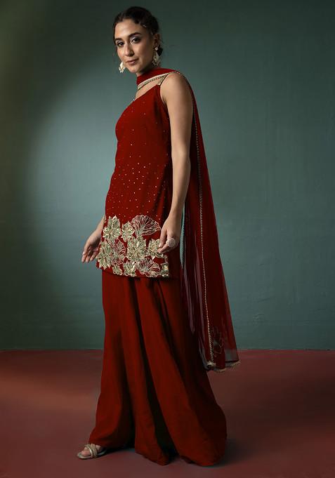 Red Palazzo Set With Floral Hand Embroidered Short Kurta And Dupatta