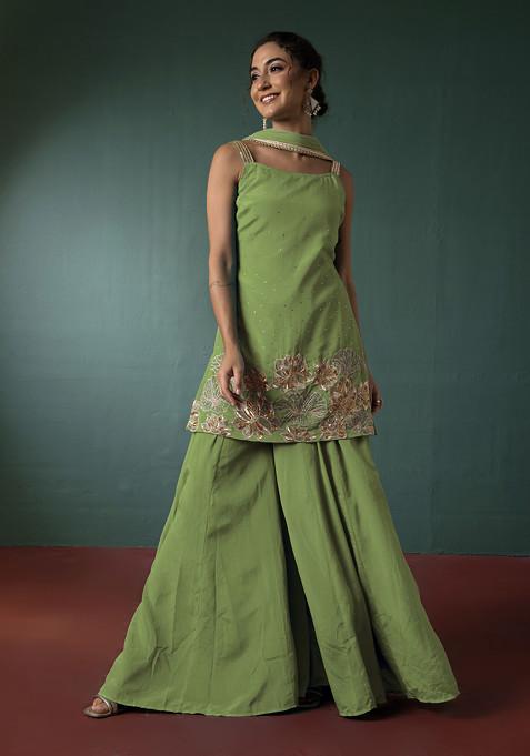 Lime Green Palazzo Set With Floral Hand Embroidered Short Kurta And Dupatta