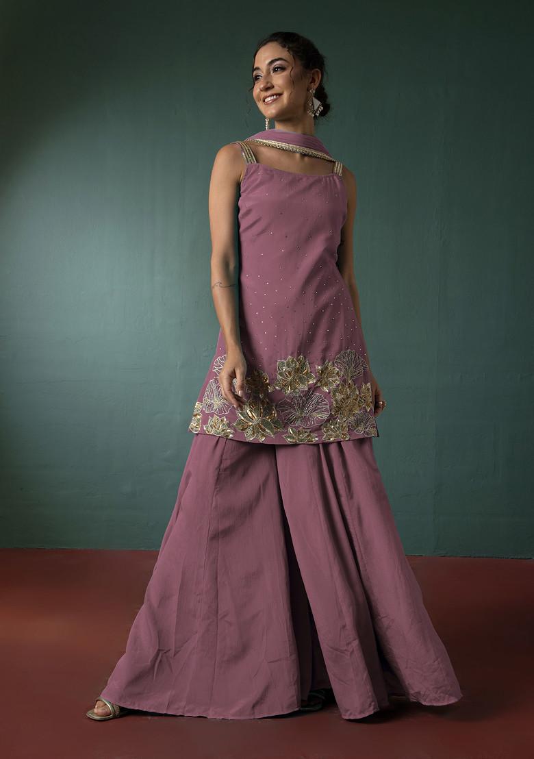 Mauve Palazzo Set With Floral Hand Embroidered Short Kurta And Dupatta