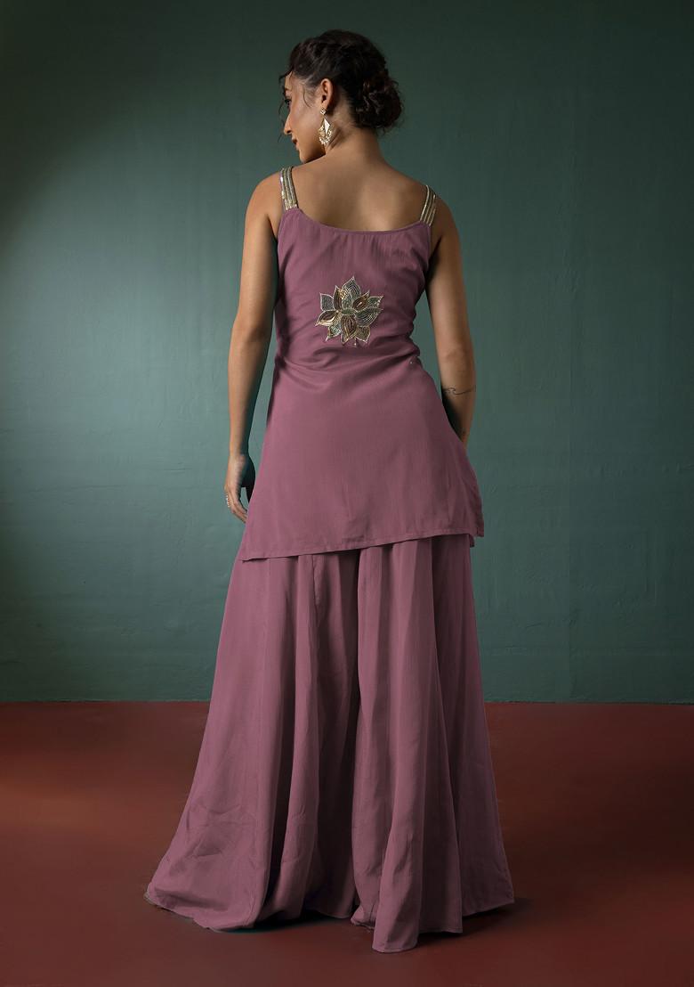 Mauve Palazzo Set With Floral Hand Embroidered Short Kurta And Dupatta