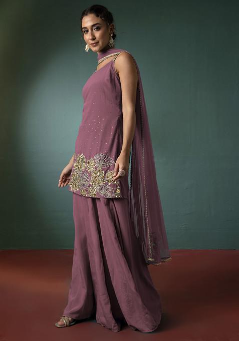 Mauve Palazzo Set With Floral Hand Embroidered Short Kurta And Dupatta