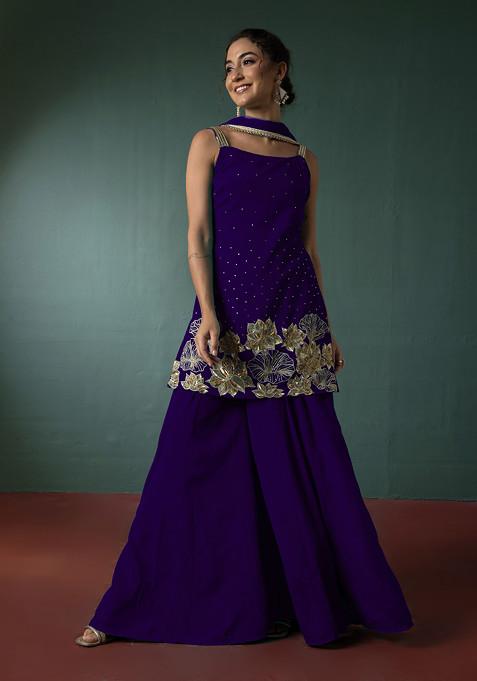 Purple Palazzo Set With Floral Hand Embroidered Short Kurta And Dupatta