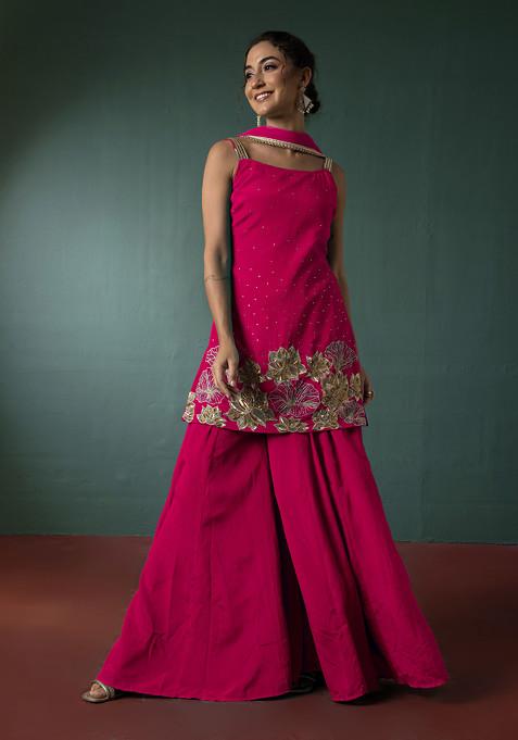 Dark Pink Palazzo Set With Floral Hand Embroidered Short Kurta And Dupatta