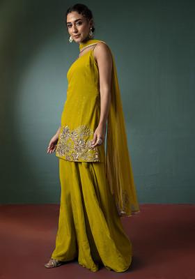 Mustard Yellow Palazzo Set With Floral Hand Embroidered Short Kurta And Dupatta