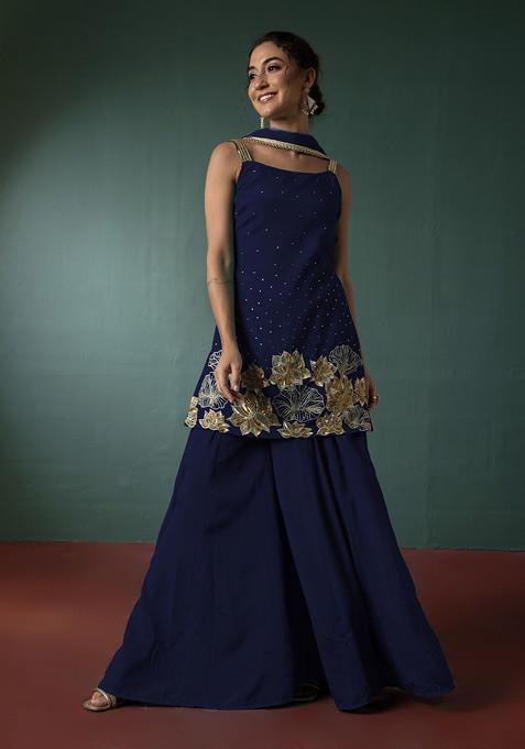 Navy Blue Palazzo Set With Floral Hand Embroidered Short Kurta And Dupatta