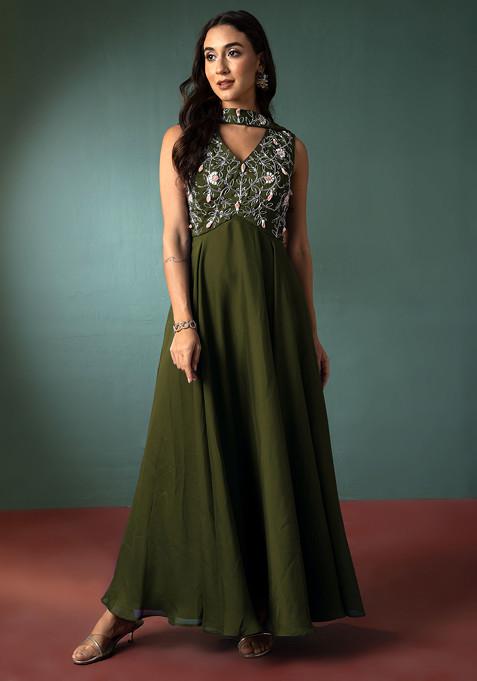 Fern Green Floral Hand Embroidered Anarkali Kurta And Dupatta