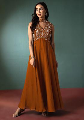 Tangerine Orange Floral Hand Embroidered Anarkali Kurta And Dupatta