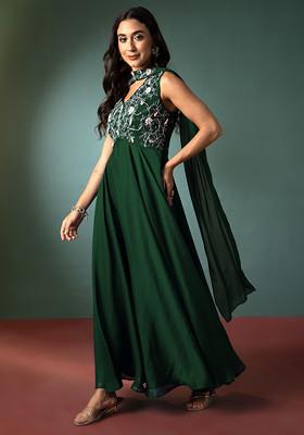 Green Floral Hand Embroidered Anarkali Kurta And Dupatta