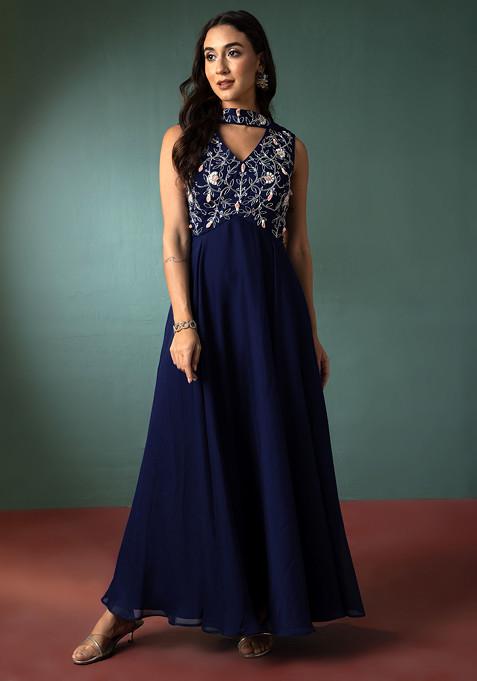 Midnight Blue Floral Hand Embroidered Anarkali Kurta And Dupatta