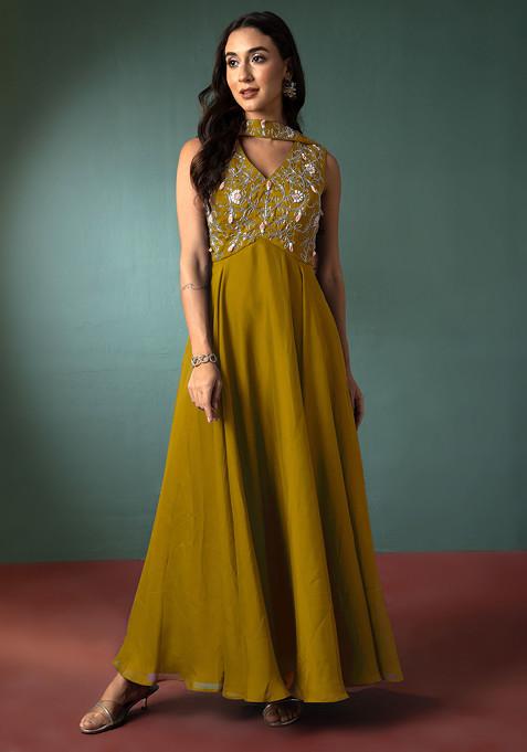 Mustard Floral Hand Embroidered Anarkali Kurta And Dupatta