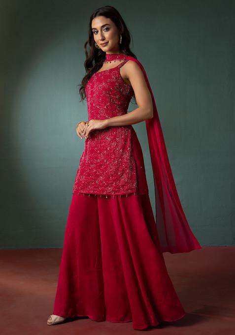 Bright Pink Sharara Set With Hand Embroidered Short Kurta And Dupatta