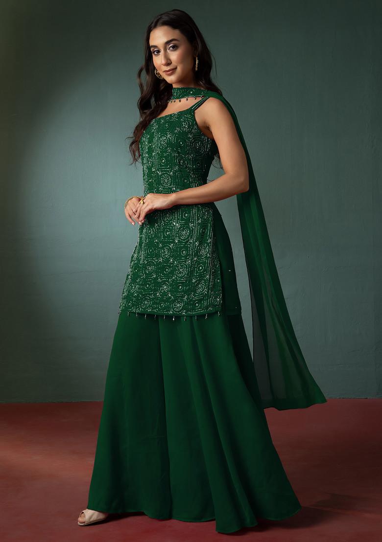 Deep Green Sharara Set With Hand Embroidered Short Kurta And Dupatta