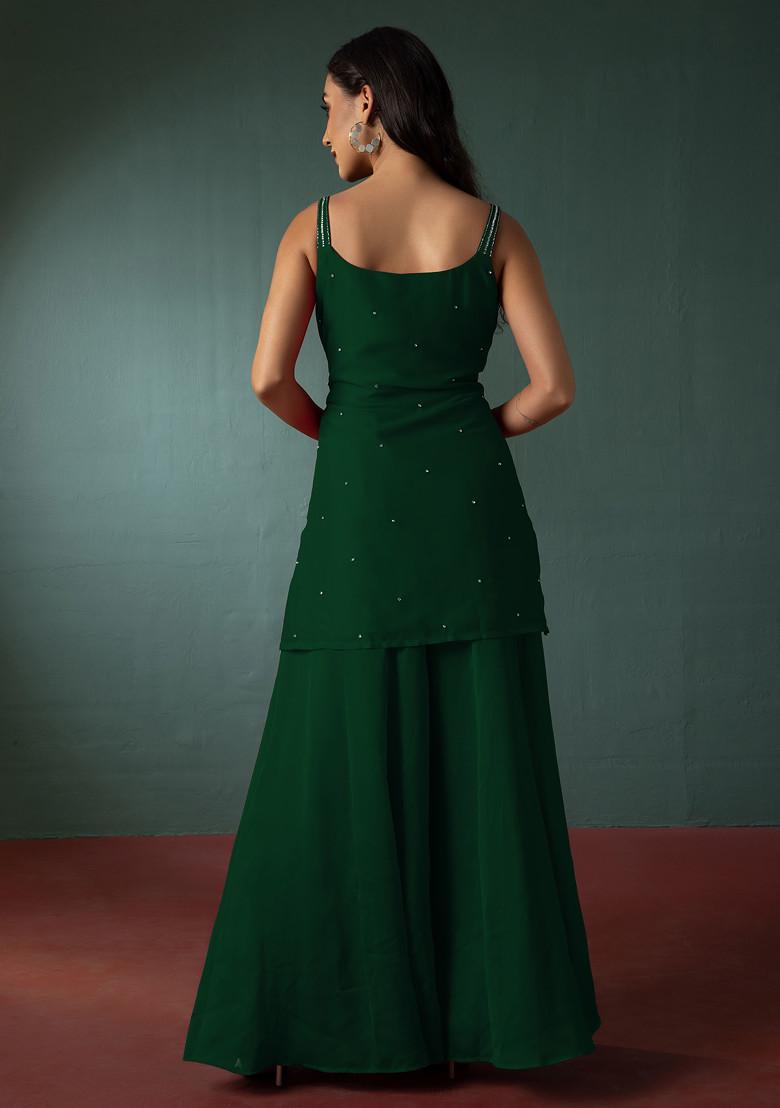Deep Green Sharara Set With Hand Embroidered Short Kurta And Dupatta