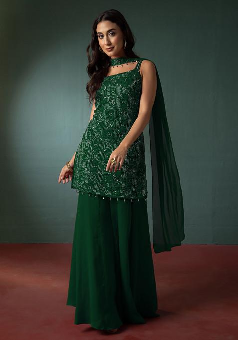 Deep Green Sharara Set With Hand Embroidered Short Kurta And Dupatta