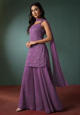 Mauve Sharara Set With Hand Embroidered Short Kurta And Dupatta