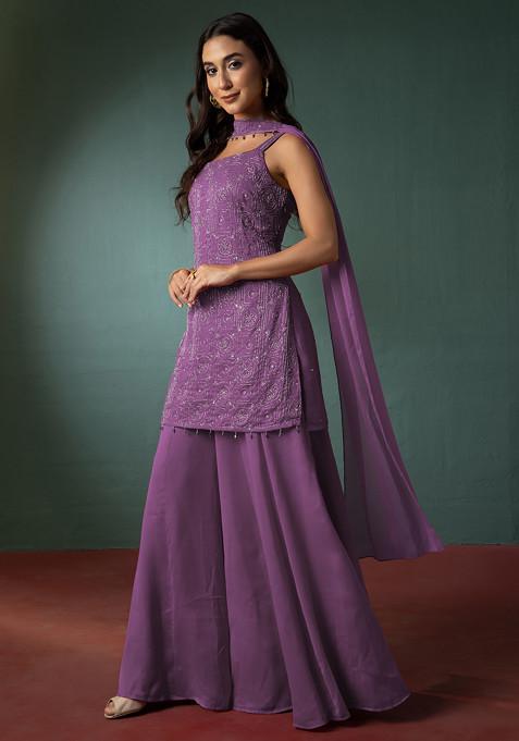 Mauve Sharara Set With Hand Embroidered Short Kurta And Dupatta