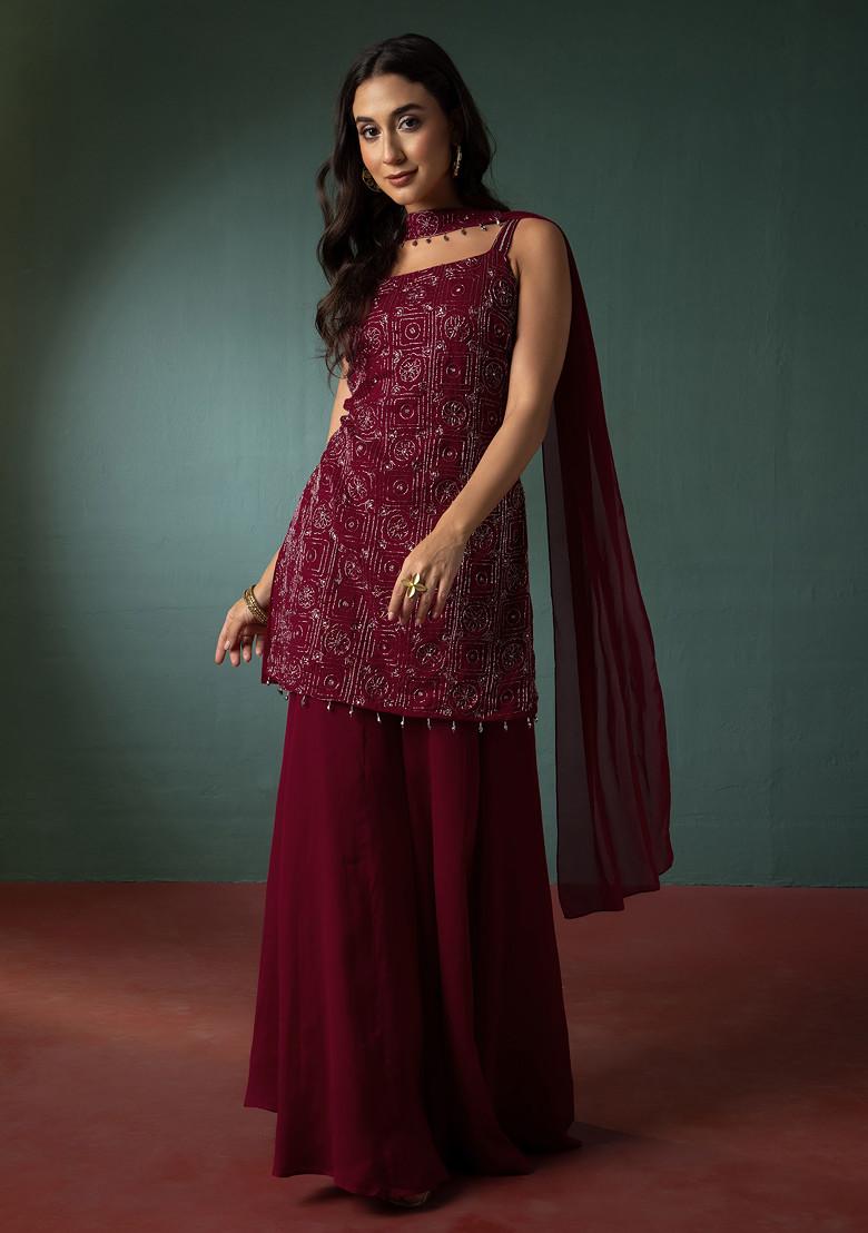 Maroon Sharara Set With Hand Embroidered Short Kurta And Dupatta