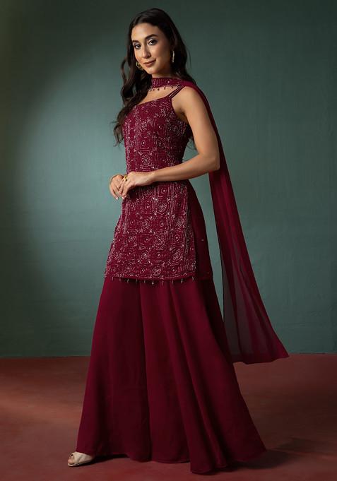 Maroon Sharara Set With Hand Embroidered Short Kurta And Dupatta