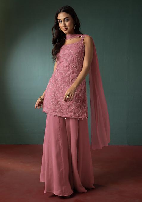 Peach Sharara Set With Hand Embroidered Short Kurta And Dupatta